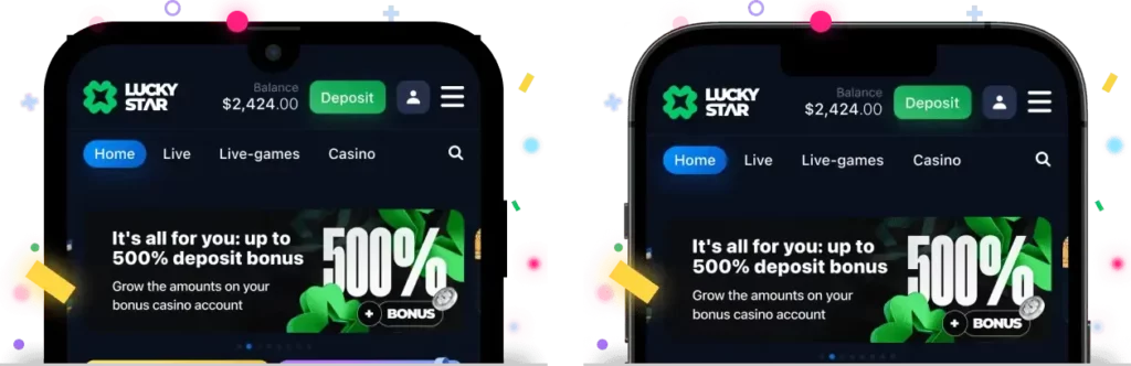 Lucky Star India mobile app login screen showing fingerprint icon, INR wallet, and app banner