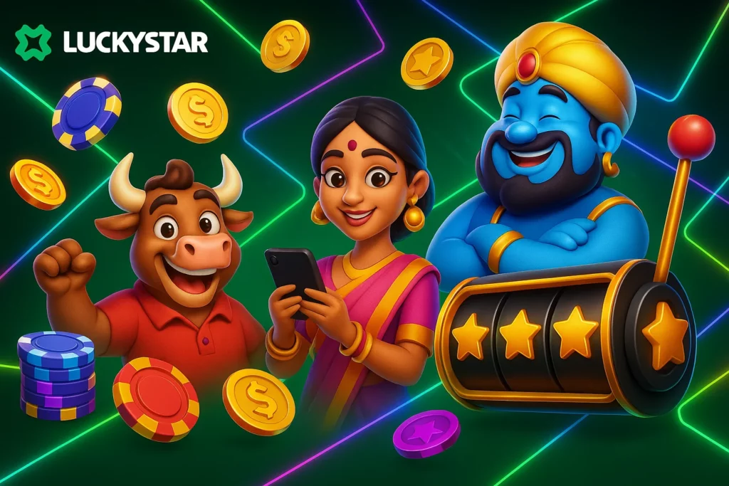 Lucky Star India bonus calendar with daily cashback, reload bonuses, and UPI free spin rewards