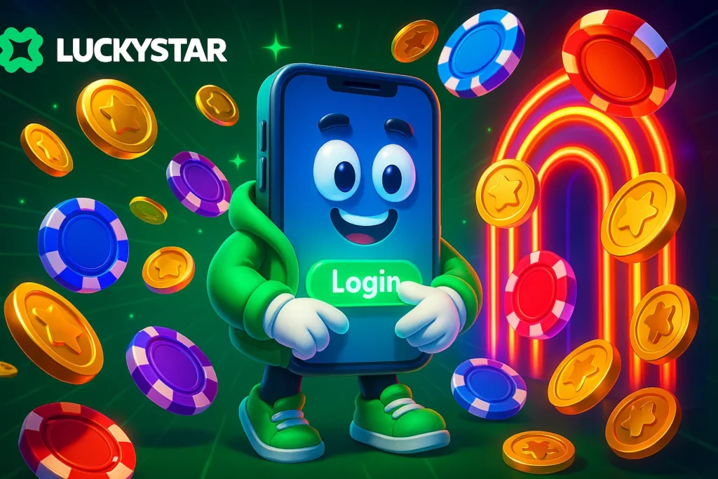 Lucky Star login screen with Indian phone number, INR wallet, and fingerprint login button