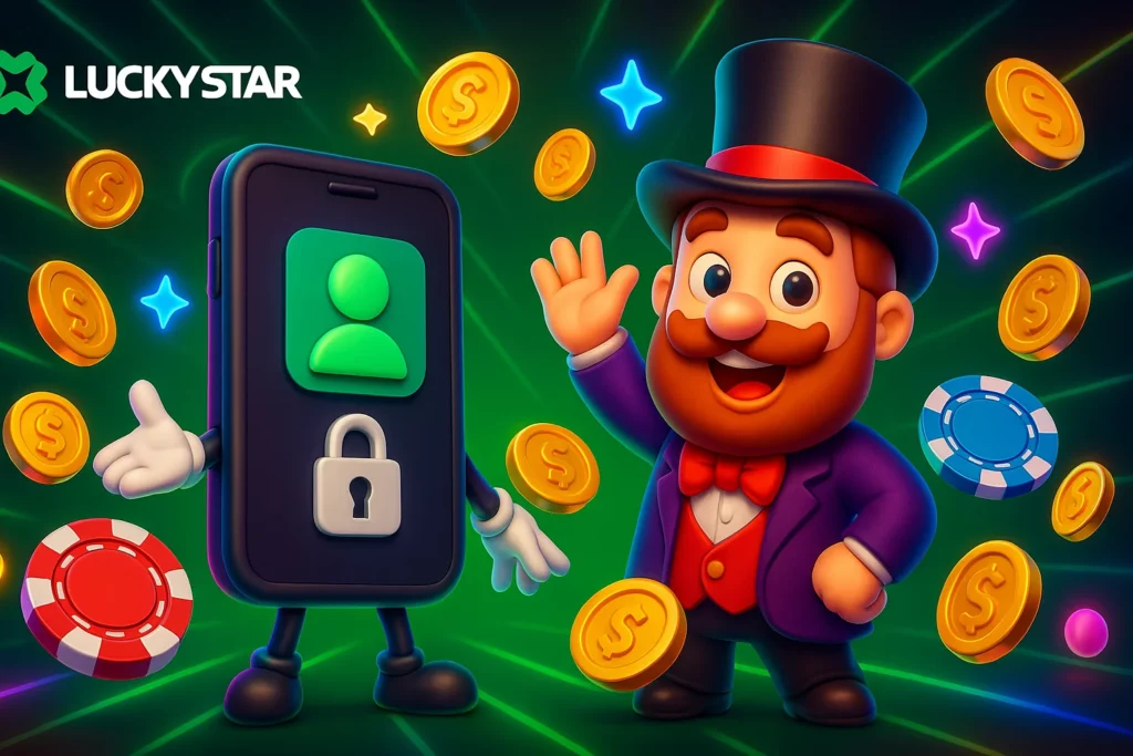 Lucky Star India app login screen with fingerprint option and mobile registration form using INR