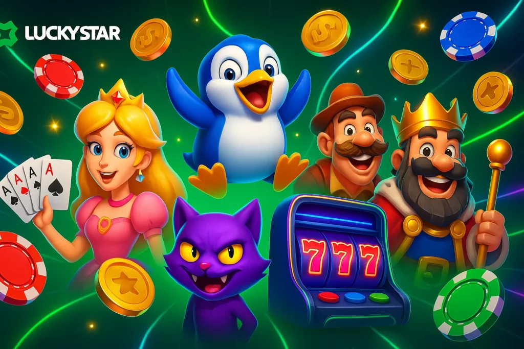 Game lobby in Lucky Star India app showing Aviator, Teen Patti, and slot categories with INR balance