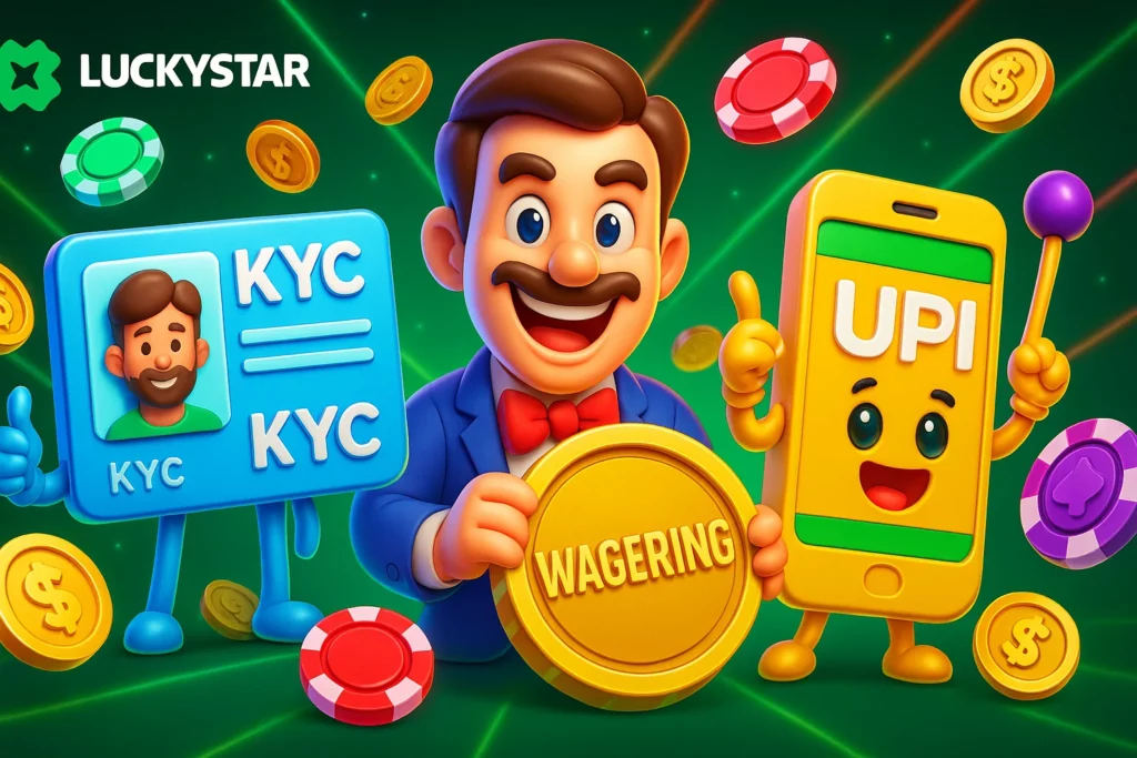 Glossary of casino terms in Hindi-friendly layout showing KYC, wagering, and UPI-related bonuses