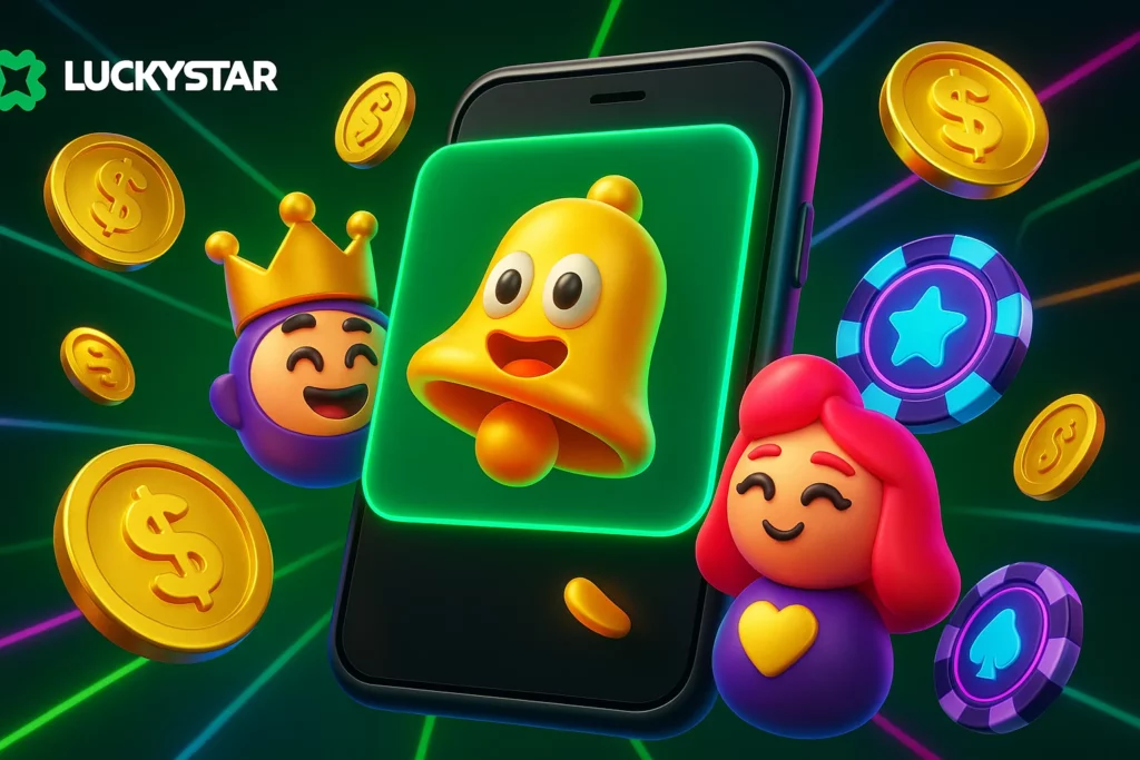 Lucky Star India app with push bonus alert showing ₹200 free spins notification and UPI deposit promo