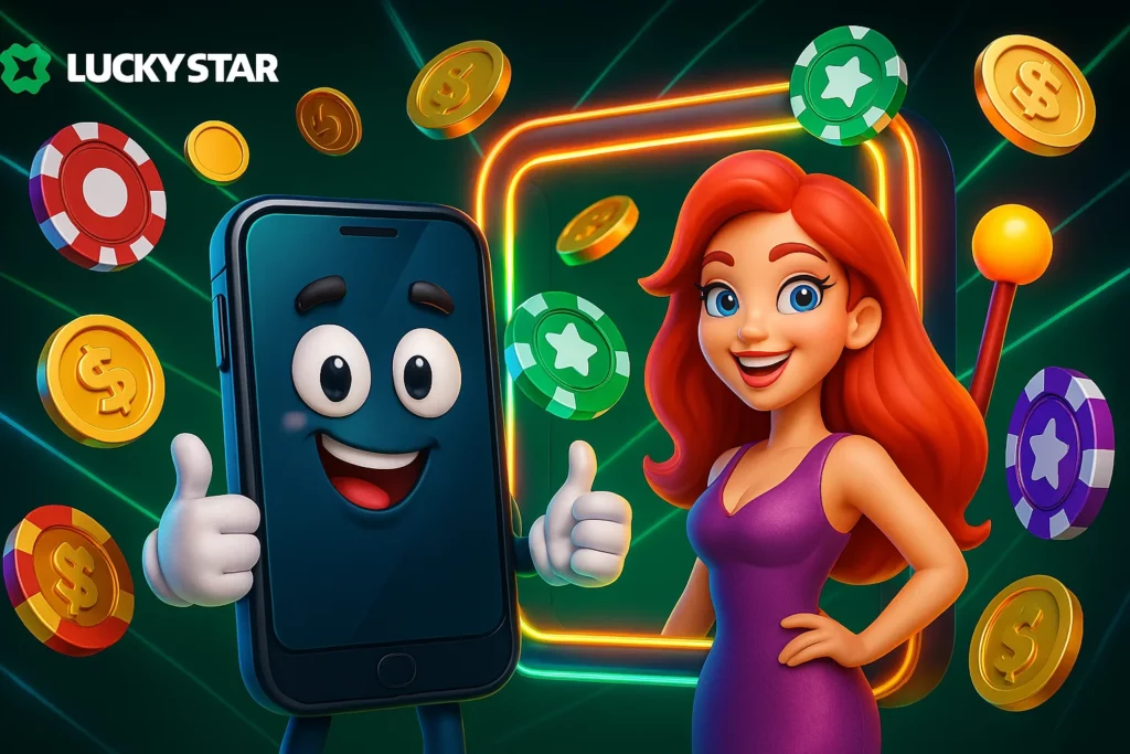 Lucky Star India app update screen showing APK download button and version check with INR balance