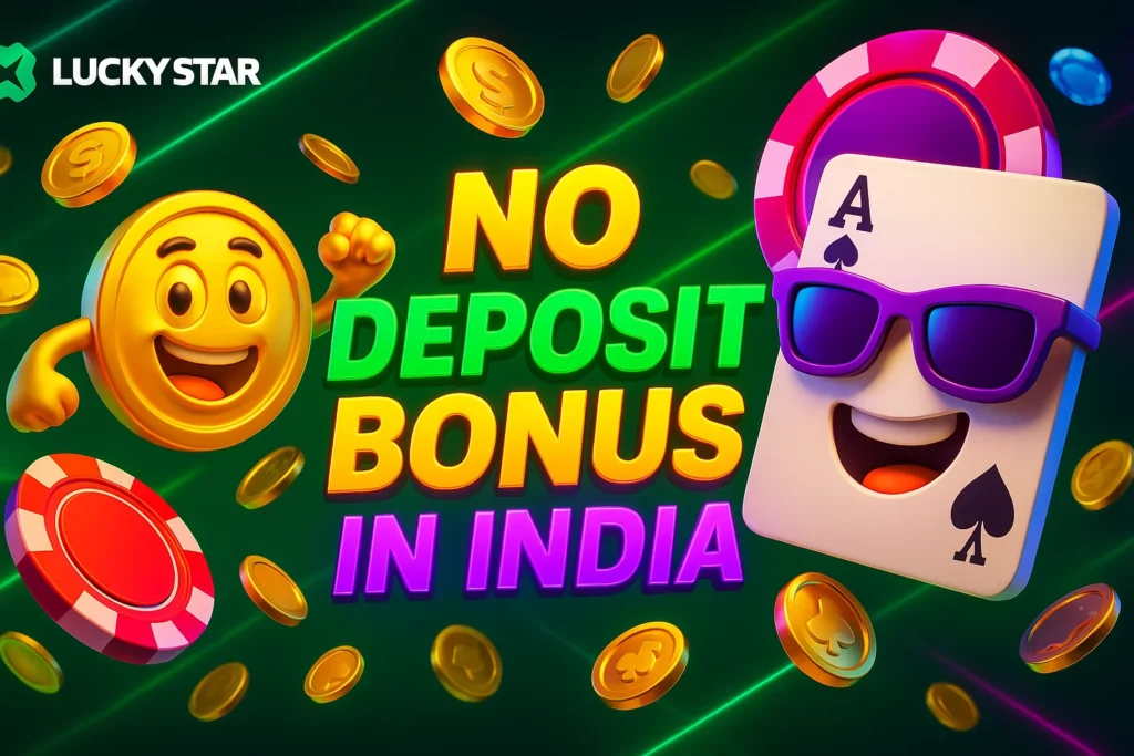 Lucky Star India screen showing no deposit free spins bonus with crash game banner and ZOHO code field