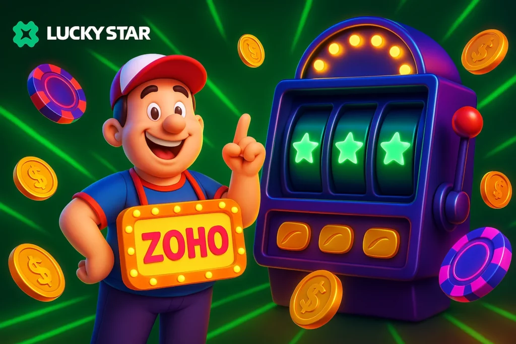 Lucky Star India Login form on mobile with promo code ZOHO entered below currency and password fields