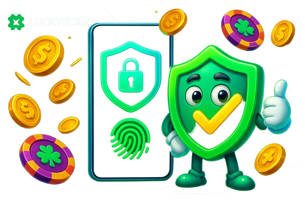 Lucky Star India app security screen with fingerprint login, SSL icon, and INR transaction encryption